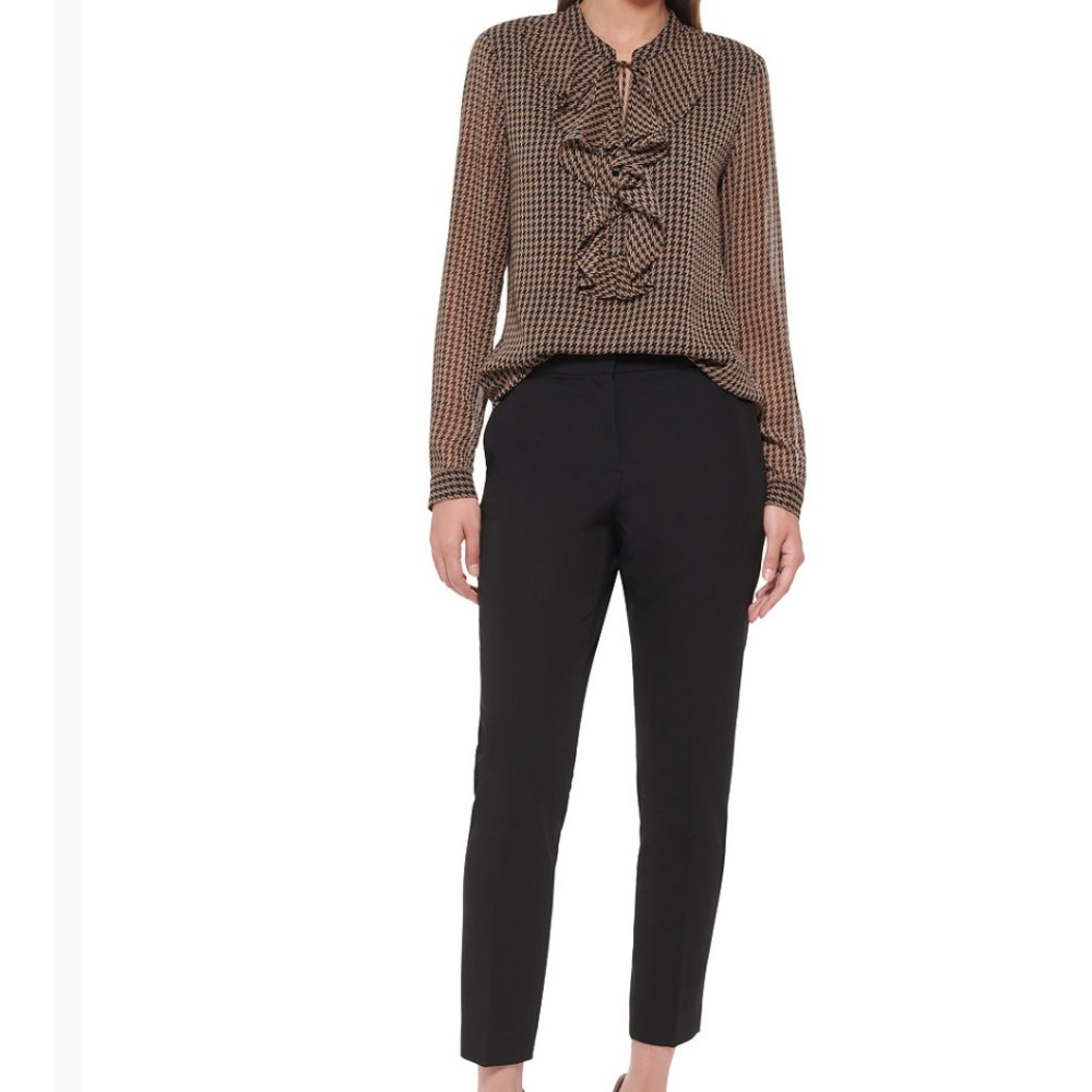 Tommy Hilfiger Brown Houndstooth Ruffle Tie Neck Long Sleeve Blouse size Large - Picture 11 of 11